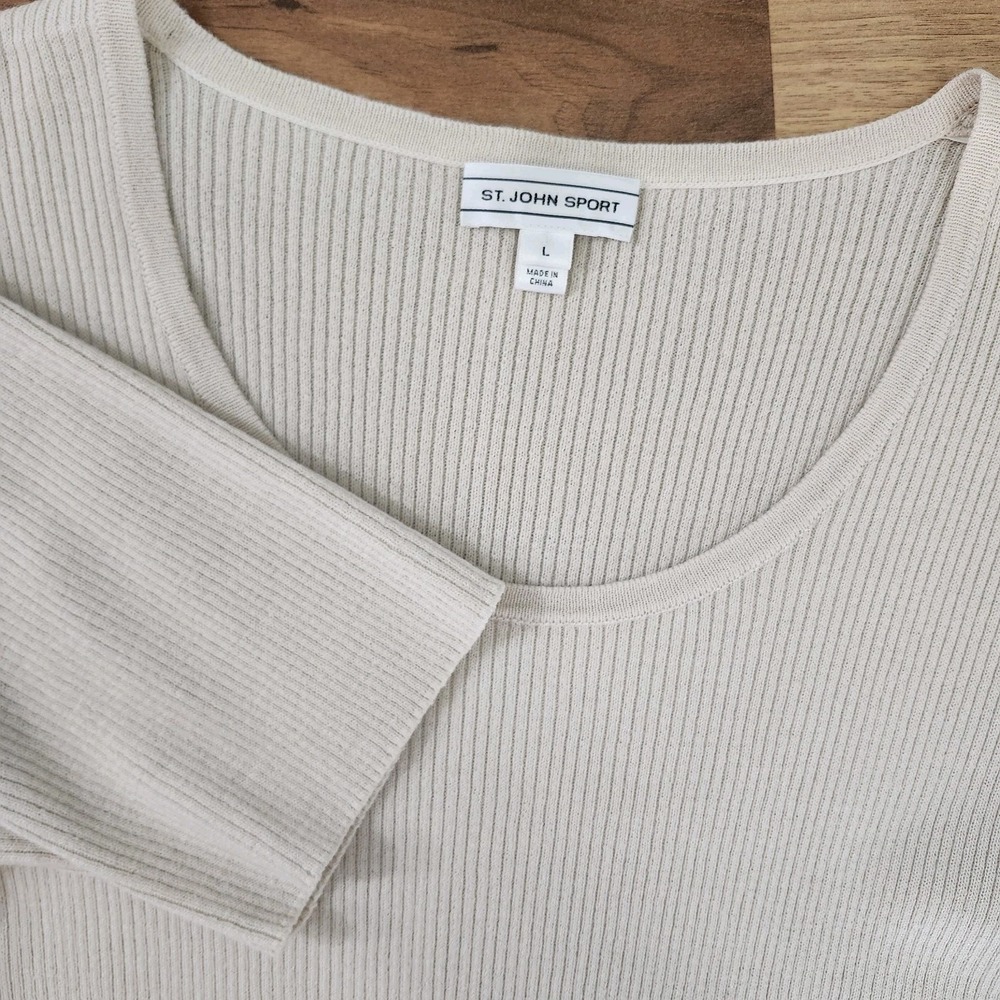 ST.JOHN SPORT RIBBED KNIT SHIRT TOP LIGHT BEIGE SIZE LARGE